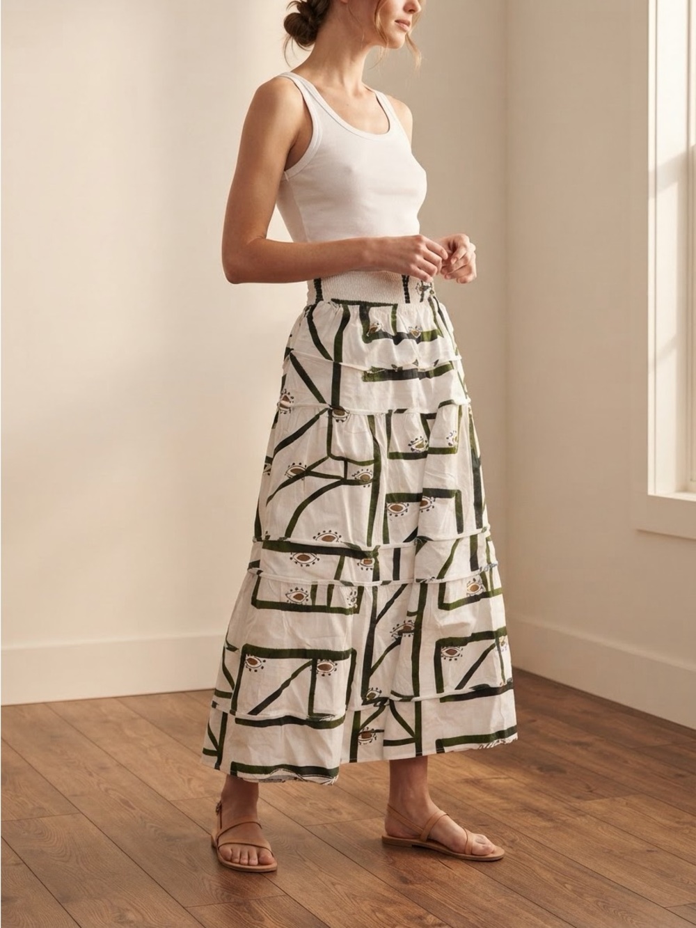Commense Evil eye White Maxi Skirt with Olive Graphic Grid